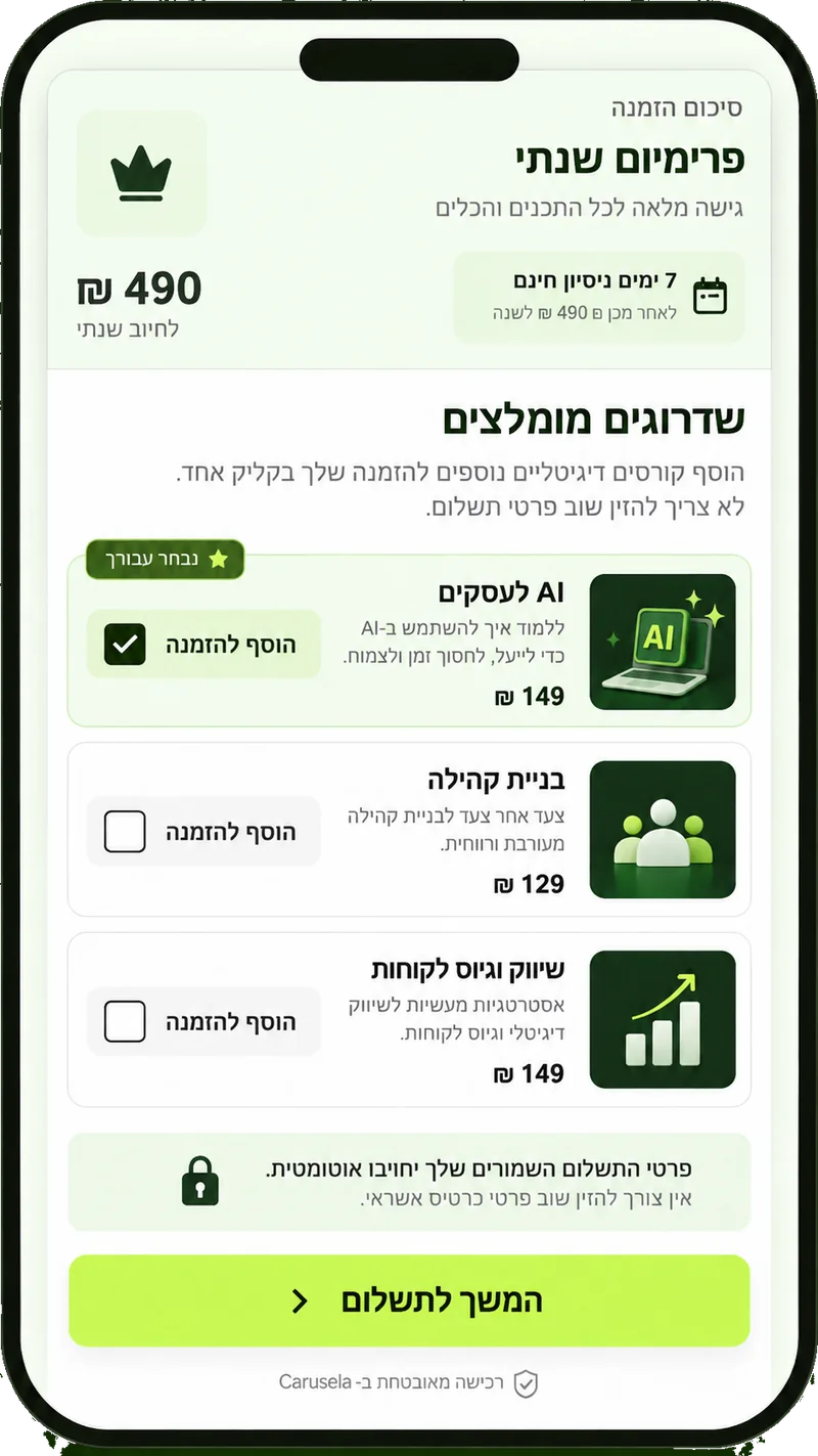 עם אפשרות לשדרג בקליק אחד לקורסים דיגיטליים נוספים בלי להכניס שוב את הפרטי אשראי…